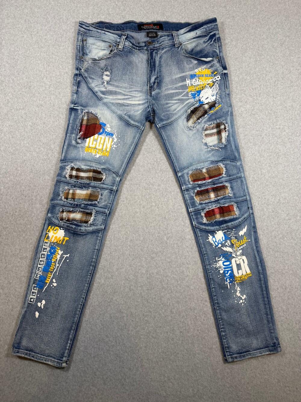 Copper Rivet Distressed Moto Mens Jeans Plaid Rip & Repair Light Blue 38x32 Slim